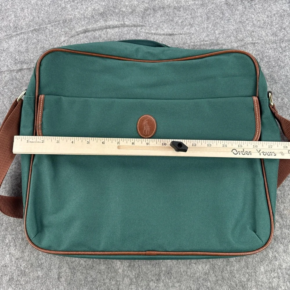 Ralph Lauren Messenger Shoulder Bag Green Canvas Leather Trim Crossbody Logo